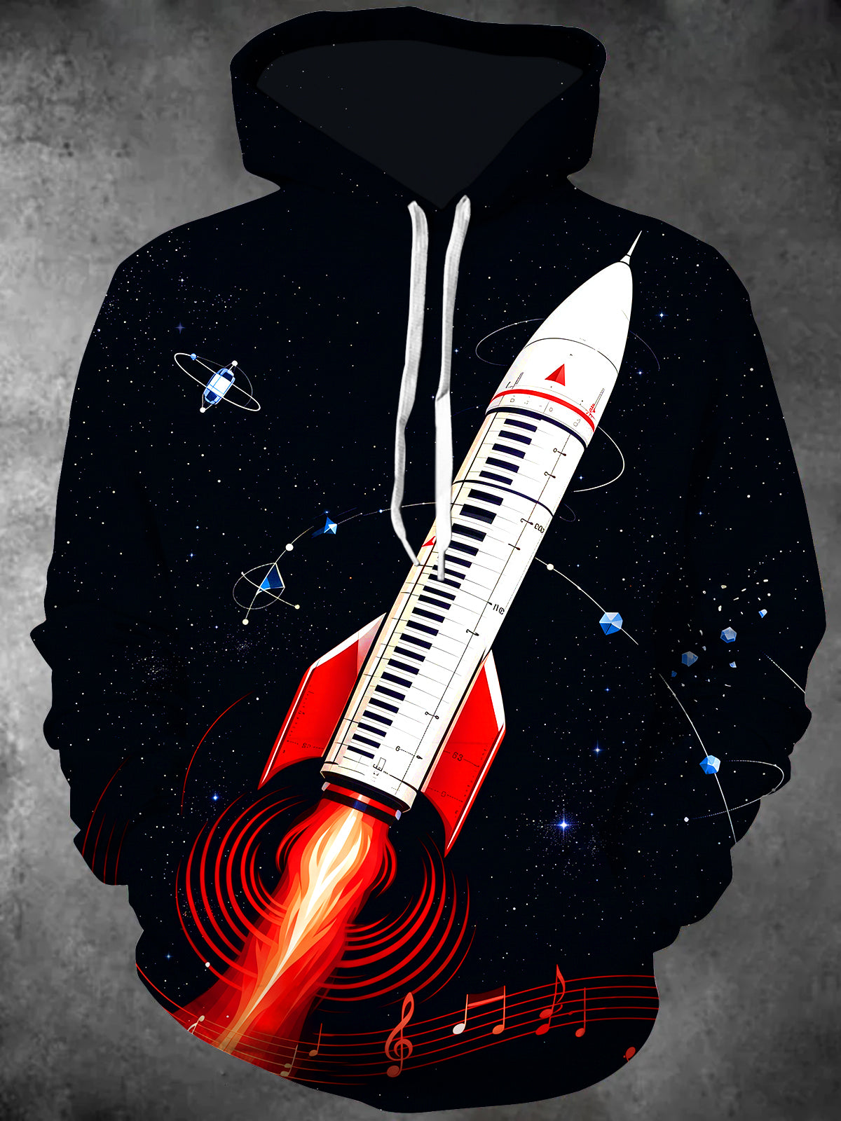 Oceanlyte Men's Long Sleeve Hoodie - Piano Keyboard Rocket With Musical Notes Print