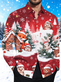 Oceanlyte Men's Long Sleeve Shirt - Cute Animals In Snowy Forest With Gingerbread House Print with Chest Pocket