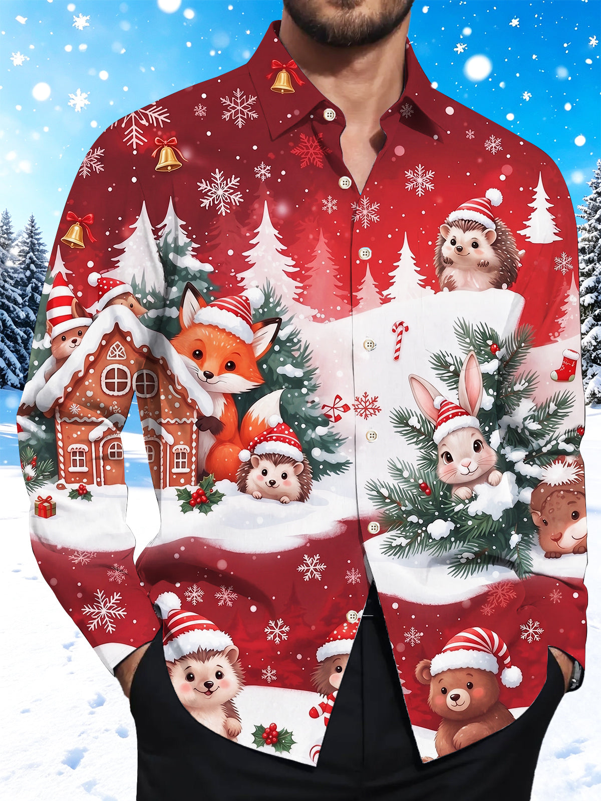 Oceanlyte Men's Long Sleeve Shirt - Cute Animals In Snowy Forest With Gingerbread House Print with Chest Pocket