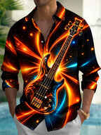 Oceanlyte Men's Neon Bass Guitar With Cosmic Background Print Long Sleeve Shirt with Chest Pocket