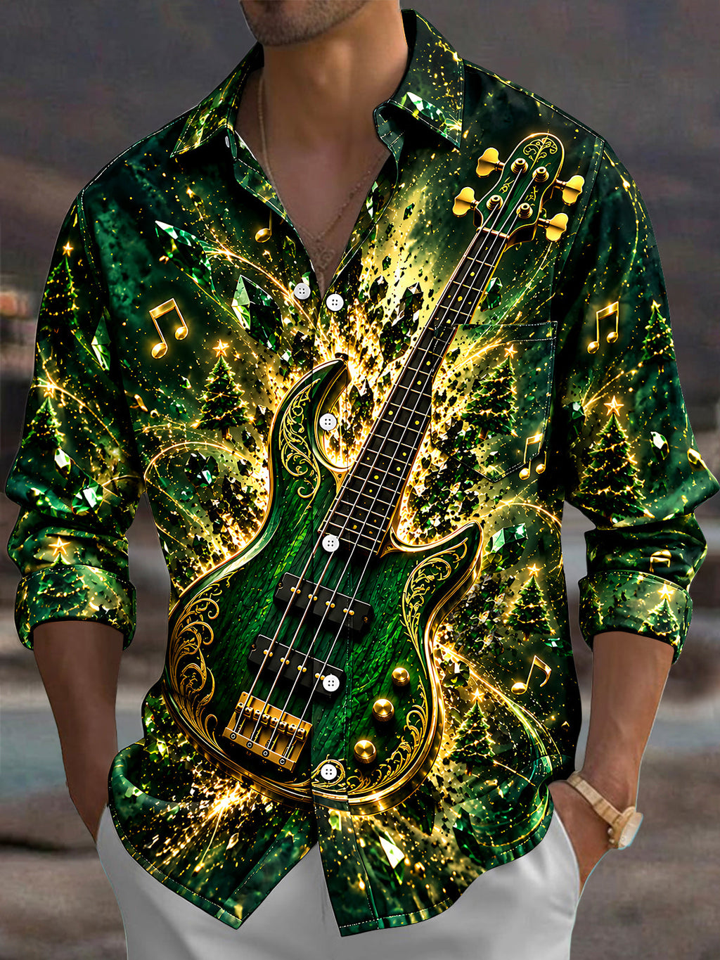 Oceanlyte Men's Printed Bass Guitar And Christmas Trees Print Long Sleeve Shirt with Chest Pocket