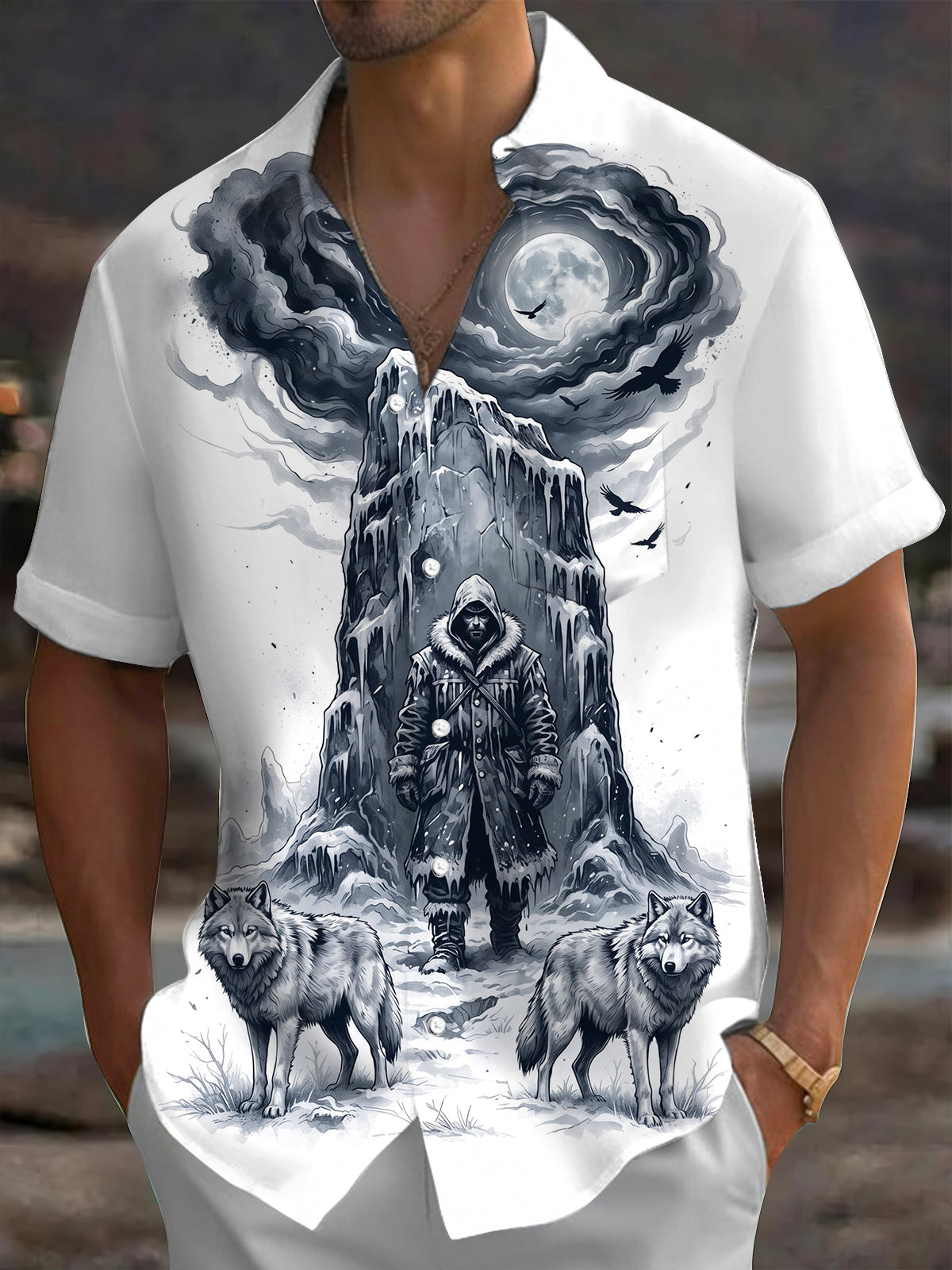 Oceanlyte Men's Lone Man With Wolves And Full Moon Print Short Sleeve Shirt with Chest Pocket