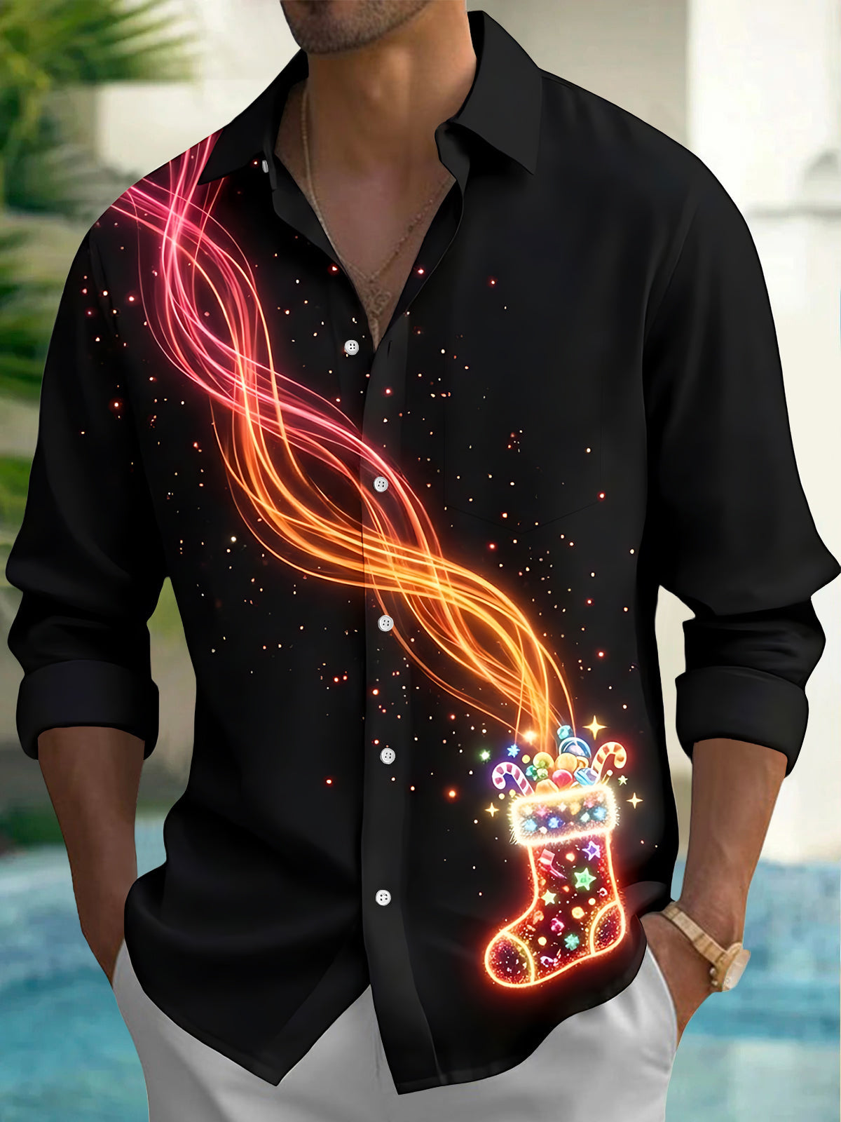 Oceanlyte Men's Graphic Neon Christmas Stocking Print Long Sleeve Shirt with Chest Pocket