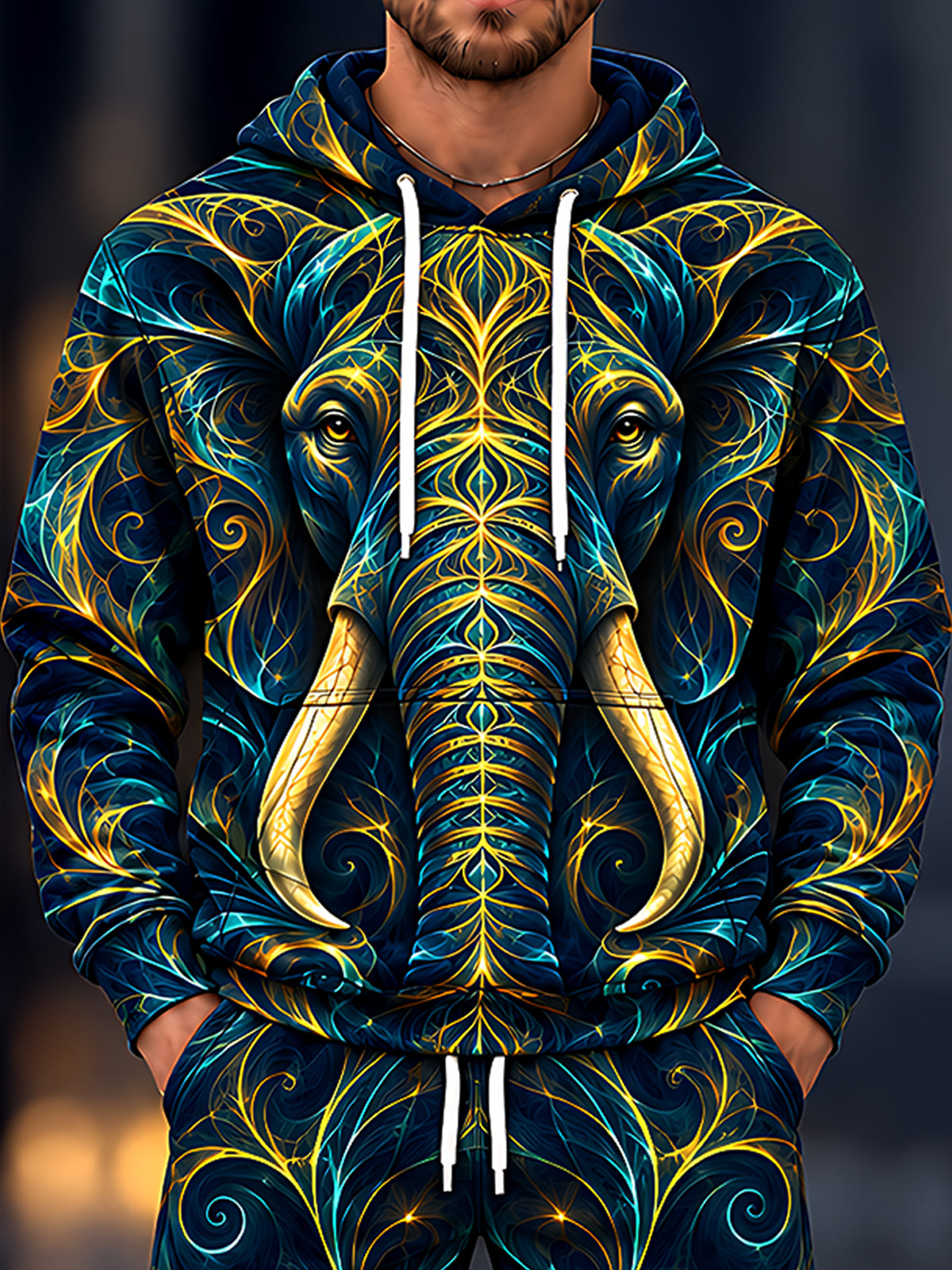 Oceanlyte Men's Graphic Elephant With Fractal Patterns Print Long Sleeve Hoodie