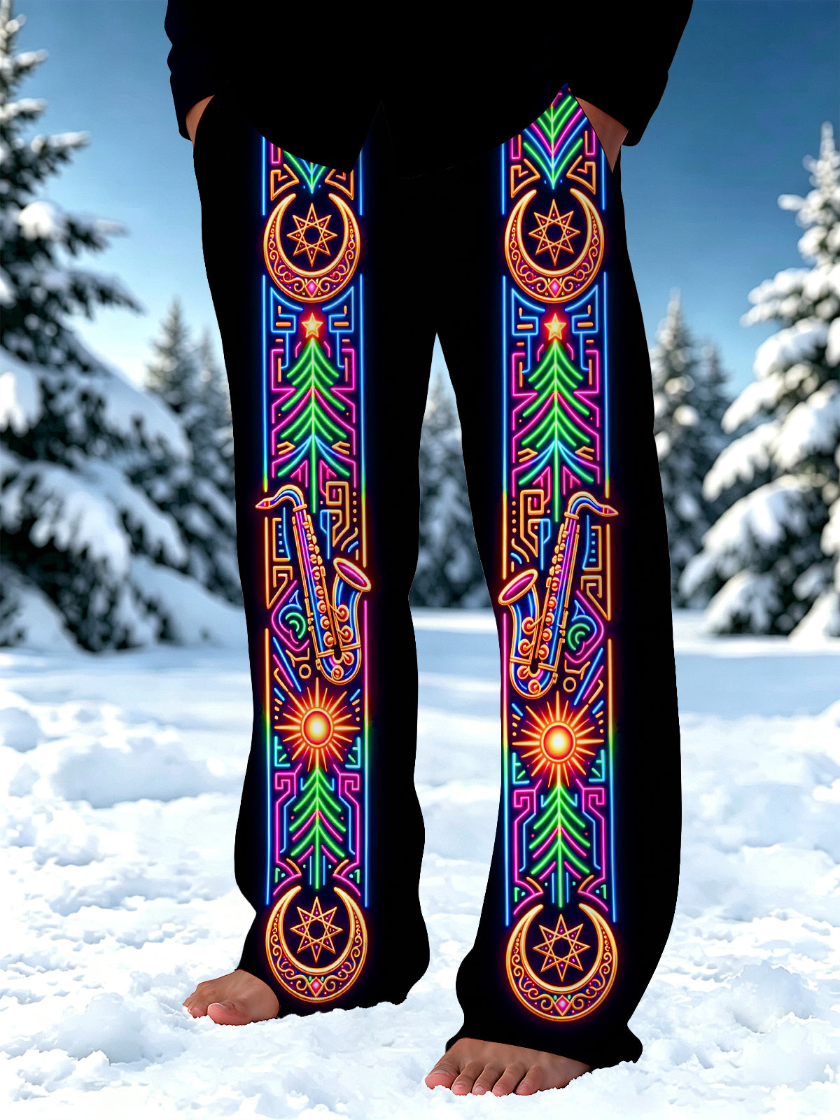 Oceanlyte Men's Graphic Neon Christmas Trees And Saxophones Print Pants