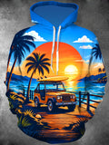 Oceanlyte Men's Long Sleeve Pullover Hoodie - Vintage Off-road Vehicle And Palm Trees At Sunset Print with Kangaroo Pocket