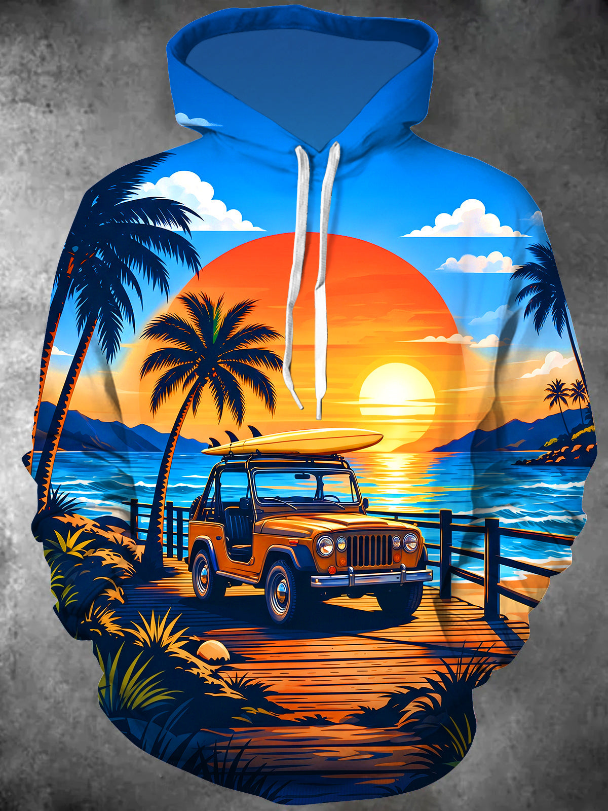 Oceanlyte Men's Long Sleeve Pullover Hoodie - Vintage Off-road Vehicle And Palm Trees At Sunset Print with Kangaroo Pocket
