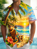 Oceanlyte Men's Short Sleeve Shirt - Beach Sunset Scenery With Palm Trees And Hibiscus Flowers Print with Chest Pocket