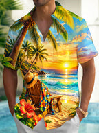 Oceanlyte Men's Short Sleeve Shirt - Beach Sunset Scenery With Palm Trees And Hibiscus Flowers Print with Chest Pocket