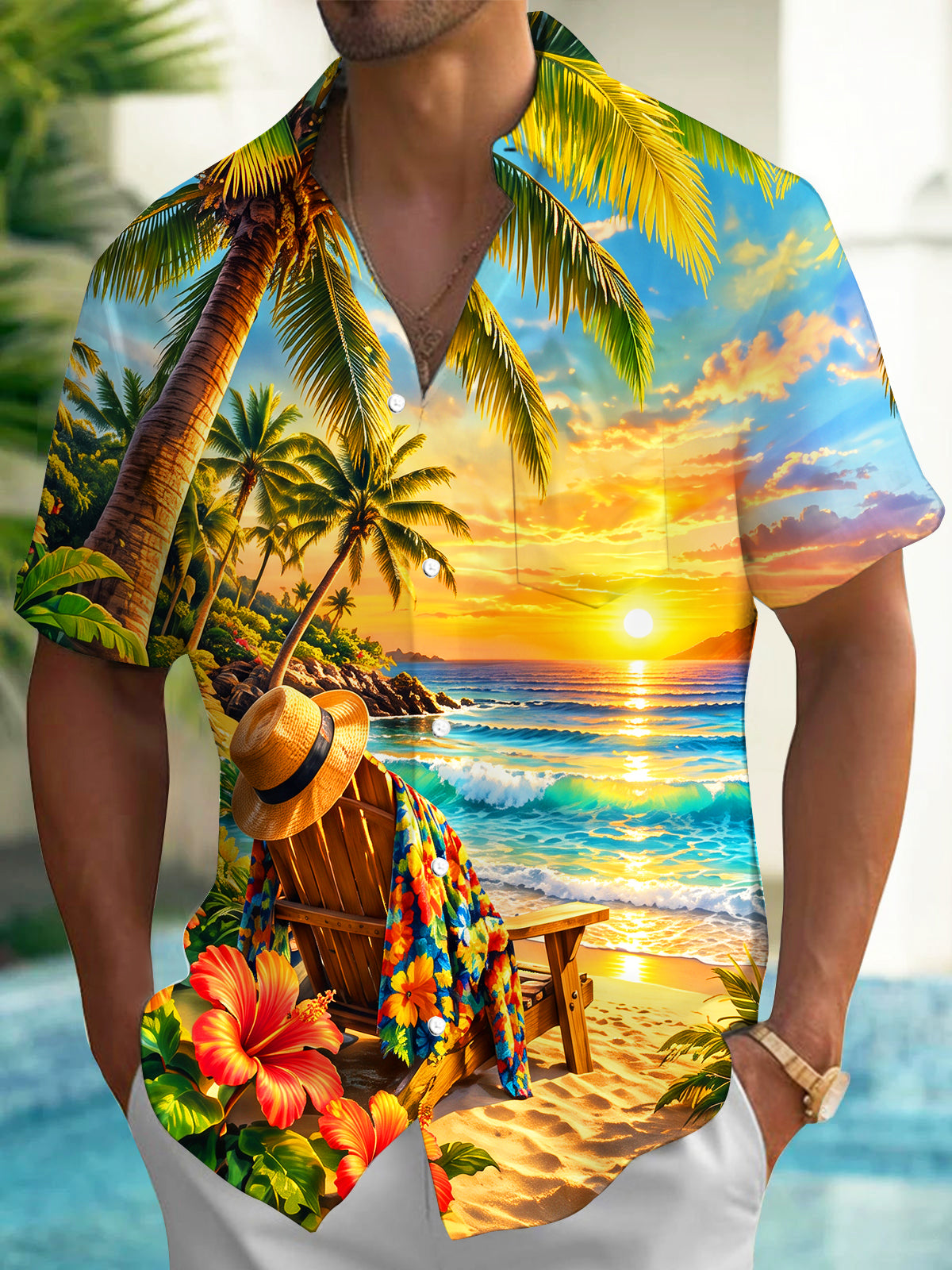 Oceanlyte Men's Short Sleeve Shirt - Beach Sunset Scenery With Palm Trees And Hibiscus Flowers Print with Chest Pocket
