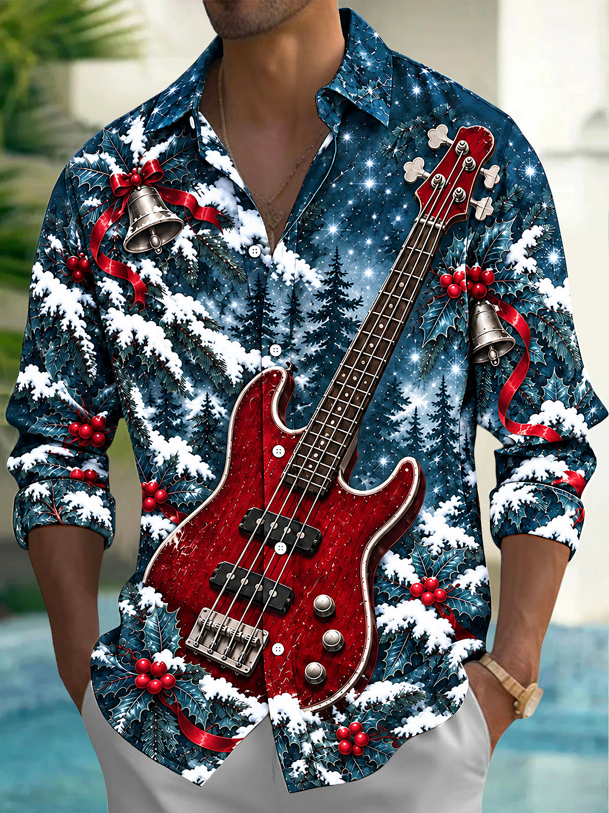 Oceanlyte Men's Long Sleeve Shirt - Christmas Snowy Forest And Holly Print Red Bass Guitar Print with Chest Pocket