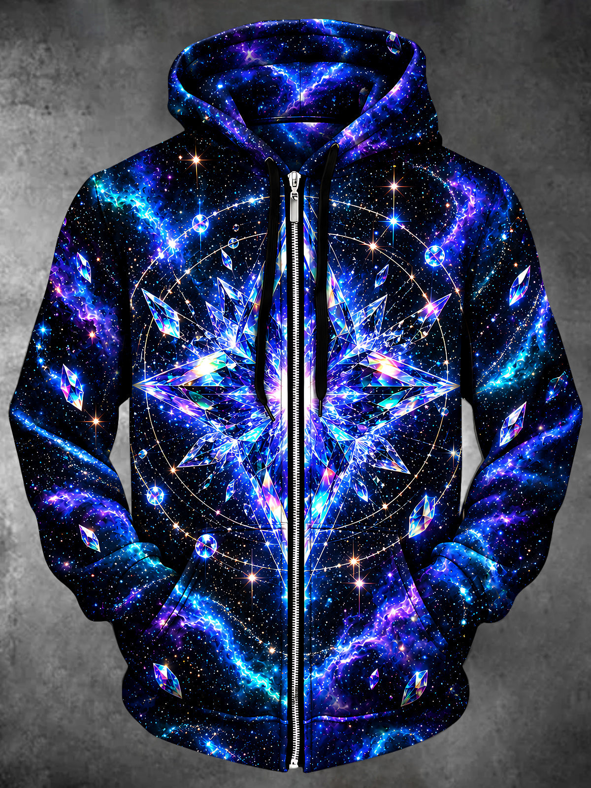 Oceanlyte Men's Long Sleeve Zip-Up Hoodie - Crystal Snowflake And Galaxy Stars Print