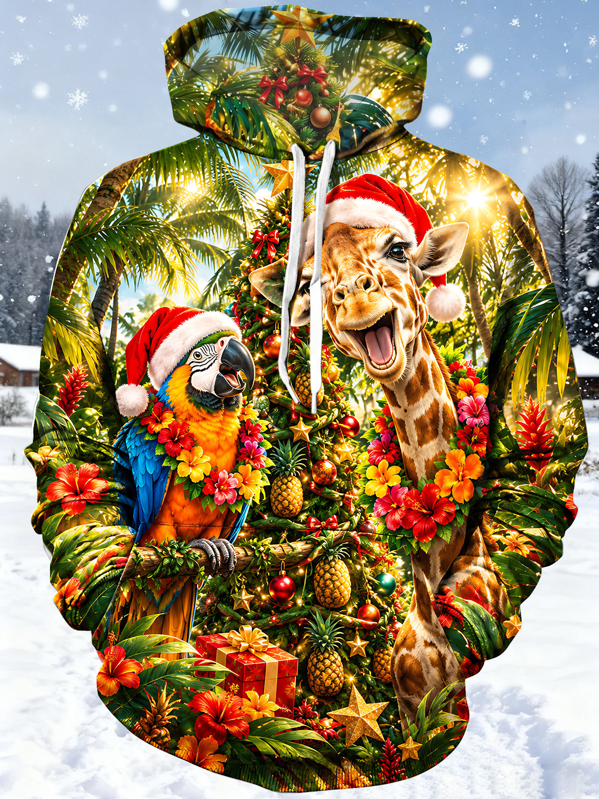 Oceanlyte Men's Hawaiian Christmas Giraffe Print Parrot Print Long Sleeve Hoodie with Chest Pocket
