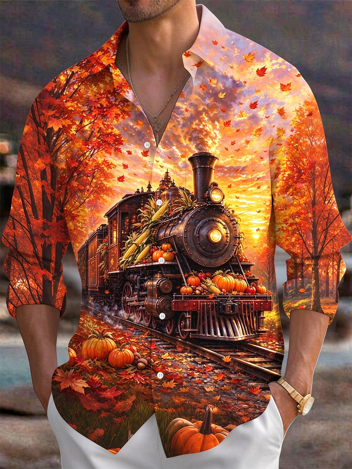 Oceanlyte Men's Long Sleeve Shirt - Thanksgiving Autumn Train With Pumpkins And Corn Print with Chest Pocket