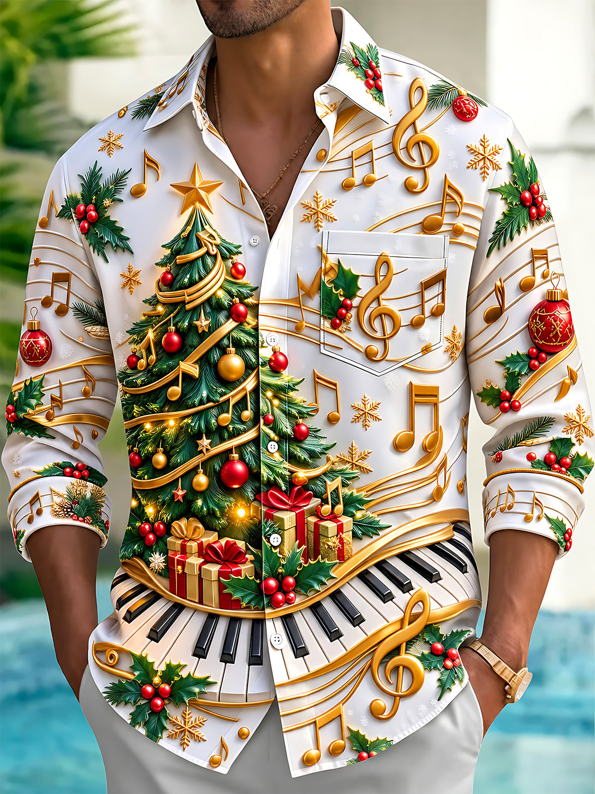 Oceanlyte Men's Graphic Christmas Tree Print Long Sleeve Shirt with Chest Pocket