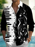 Oceanlyte Men's Piano Keys And Cat With Musical Notes Print Long Sleeve Shirt with Chest Pocket