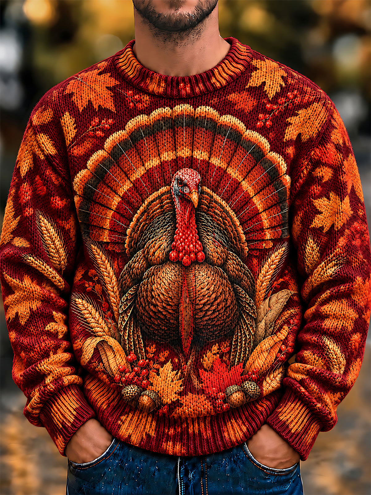 Oceanlyte Men's Long Sleeve Sweater - Thanksgiving Turkey With Maple Leaves And Wheat Print