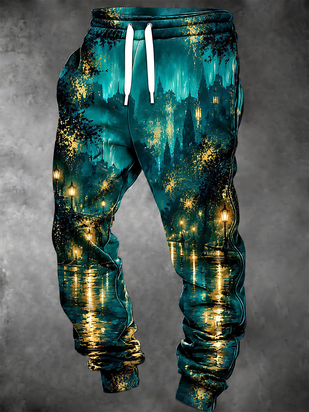 Oceanlyte Men's Pants - Night Scene Cityscape With Street Lamps And Water Reflections Print