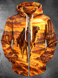 Oceanlyte Men's Desert Camel With Ancient Ruins Print Long Sleeve Zip-Up Hoodie