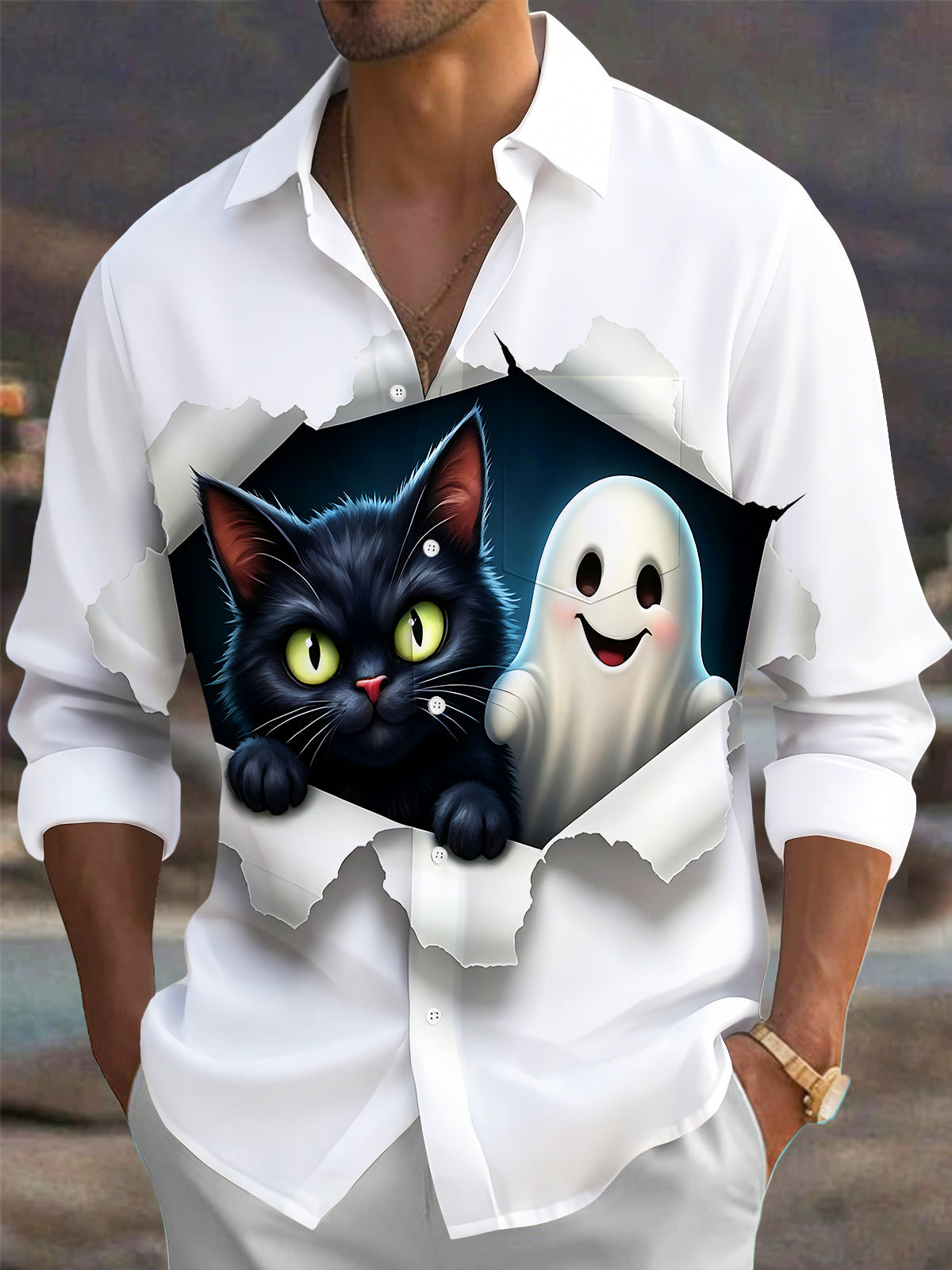 Oceanlyte Men's Graphic Halloween Black Cat And Ghost Print Long Sleeve Shirt with Chest Pocket