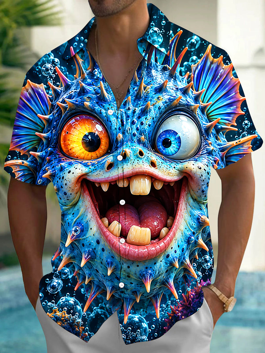 Oceanlyte Men's Hawaiian Funny Puffer Fish With Bubbles Print Short Sleeve Shirt with Chest Pocket