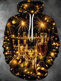 Oceanlyte Men's Long Sleeve Hoodie - Christmas Ornaments And Pine Cones Print New Year New Year Fireworks And City Skyline Print
