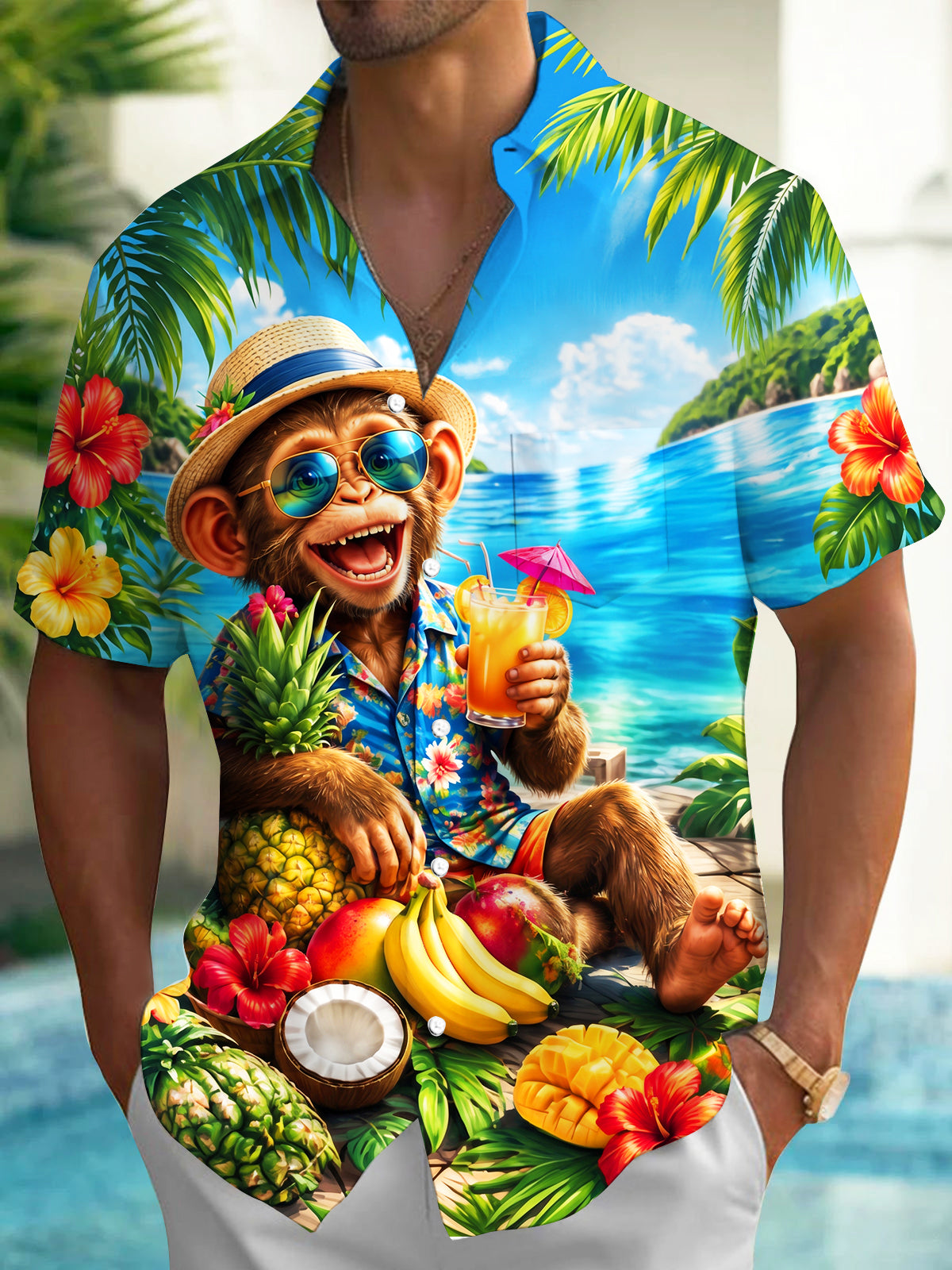 Oceanlyte Men's Monkey With Tropical Fruits And Drinks Print Short Sleeve Shirt with Chest Pocket