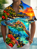 Oceanlyte Men's Hawaiian Sea Turtle And Coral Reef Print Short Sleeve Shirt with Chest Pocket