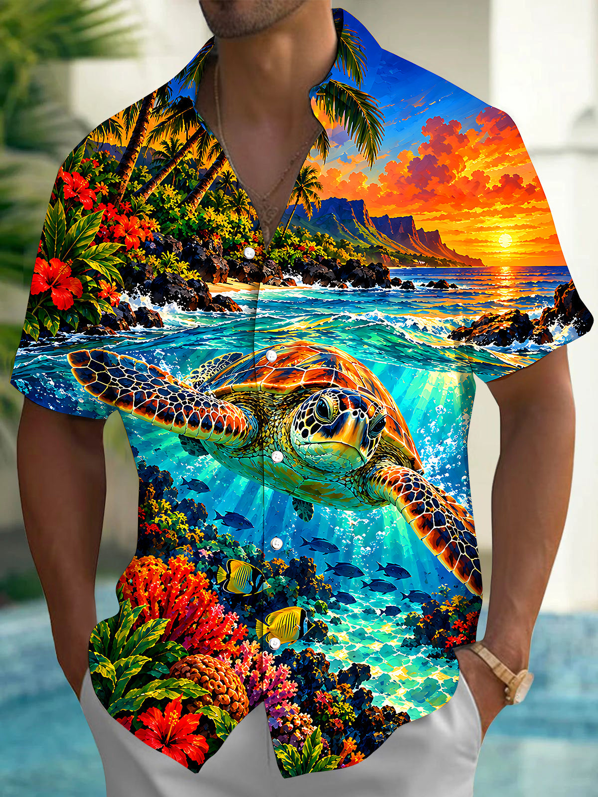 Oceanlyte Men's Hawaiian Sea Turtle And Coral Reef Print Short Sleeve Shirt with Chest Pocket