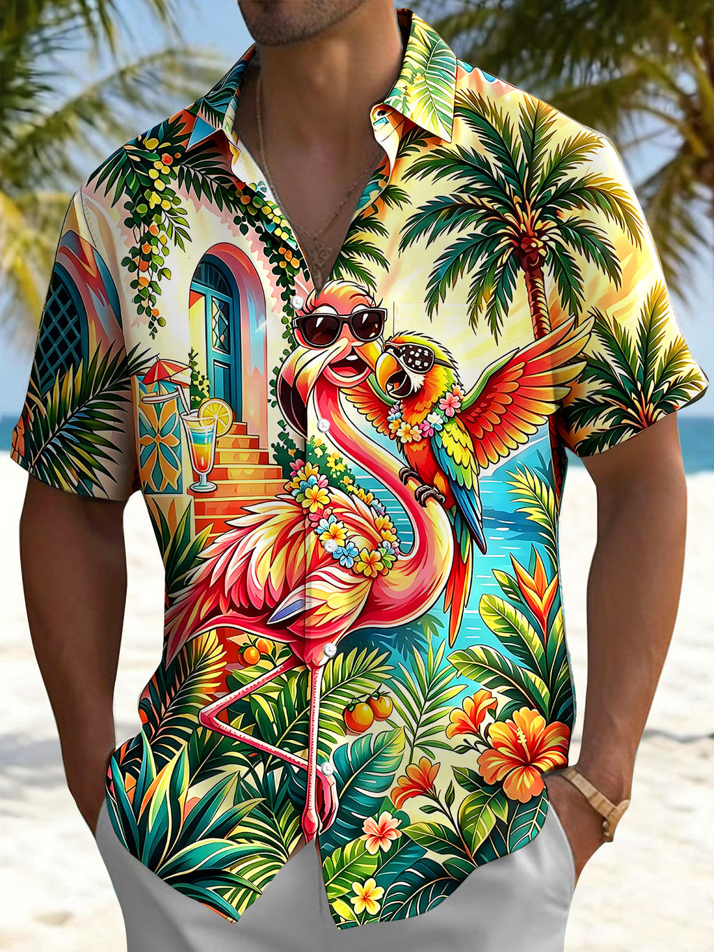 Oceanlyte Men's Short Sleeve Shirt - Flamingo And Parrot With Tropical Plants Print with Chest Pocket