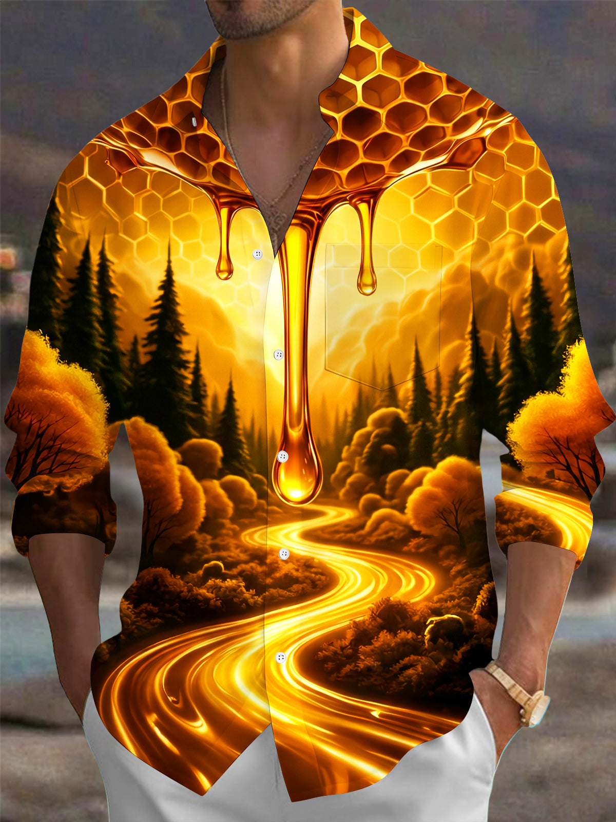 Oceanlyte Men's Printed Honeycomb And Dripping Honey Print Long Sleeve Shirt with Chest Pocket