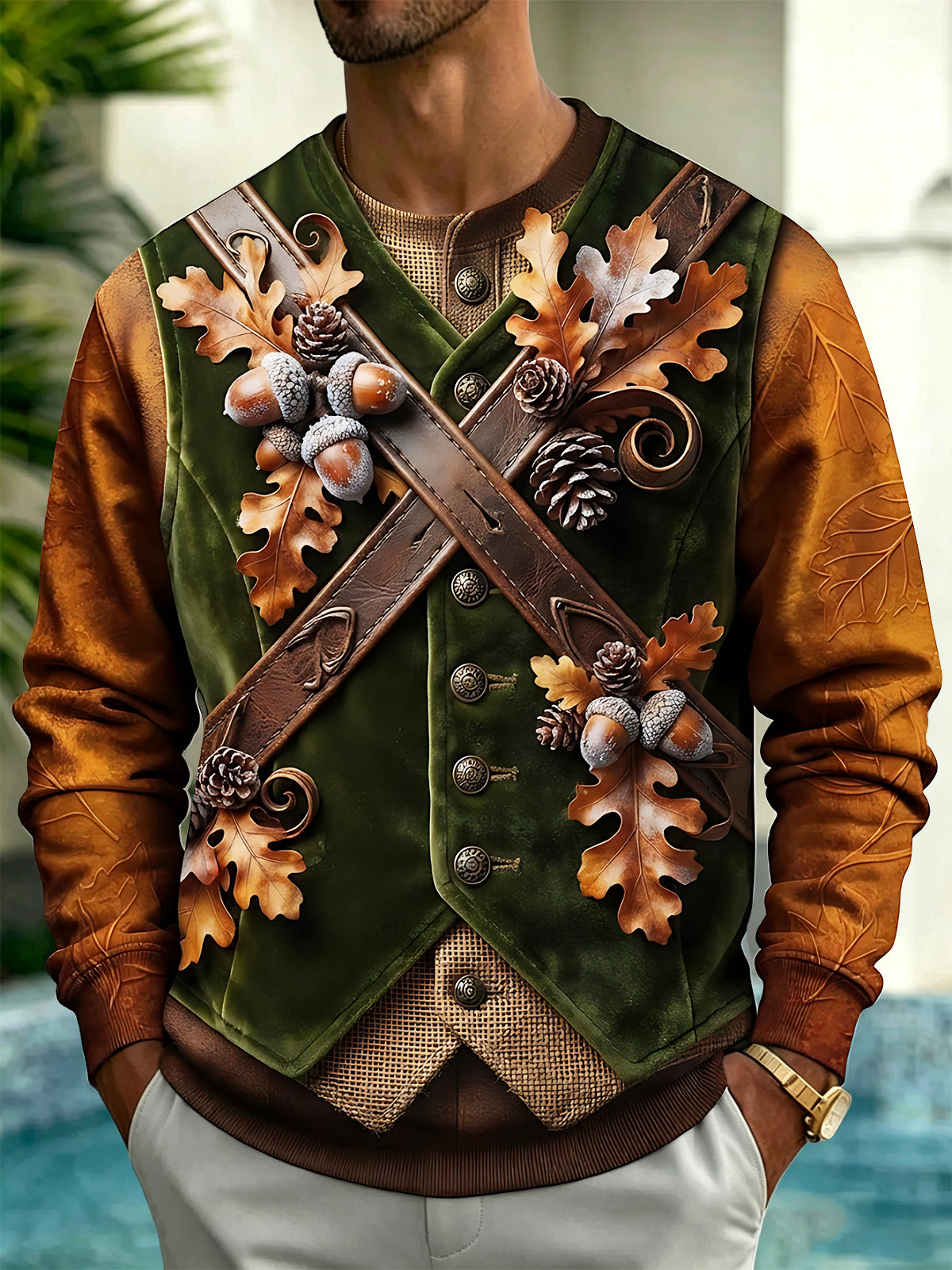 Oceanlyte Men's Vintage Style Acorns And Oak Leaves Print Long Sleeve Hoodie
