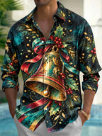 Oceanlyte Men's Hawaiian Christmas Bells And Holly Print Long Sleeve Shirt with Chest Pocket