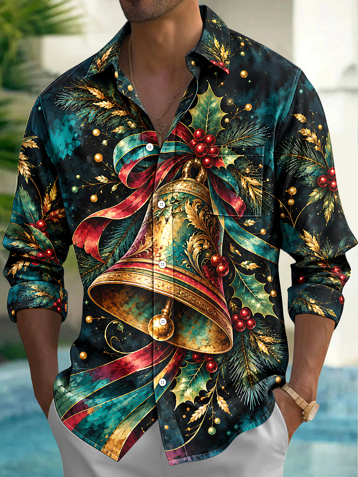 Oceanlyte Men's Hawaiian Christmas Bells And Holly Print Long Sleeve Shirt with Chest Pocket