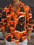 Oceanlyte Men's Long Sleeve Shirt - Black Cats With Santa Hats And Christmas Trees Print with Chest Pocket