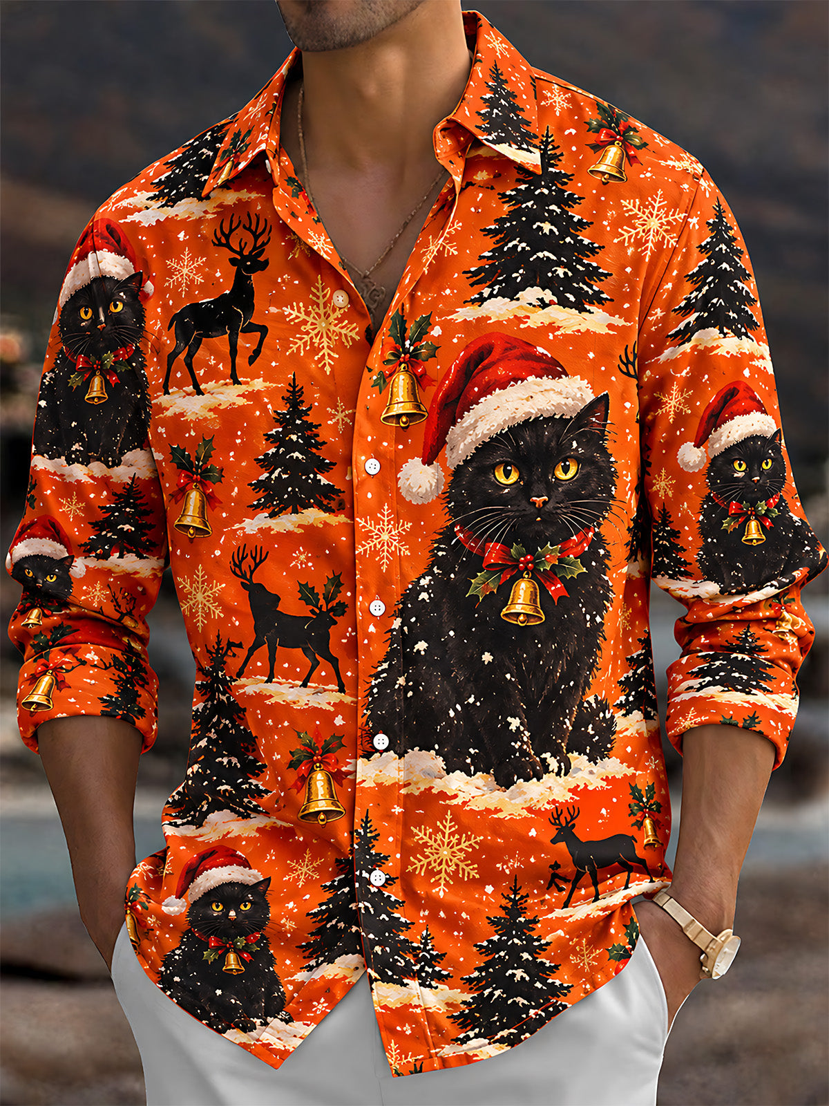 Oceanlyte Men's Long Sleeve Shirt - Black Cats With Santa Hats And Christmas Trees Print with Chest Pocket