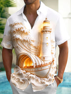 Oceanlyte Men's Lighthouse Ancient Ship And Waves Print Short Sleeve Shirt with Chest Pocket