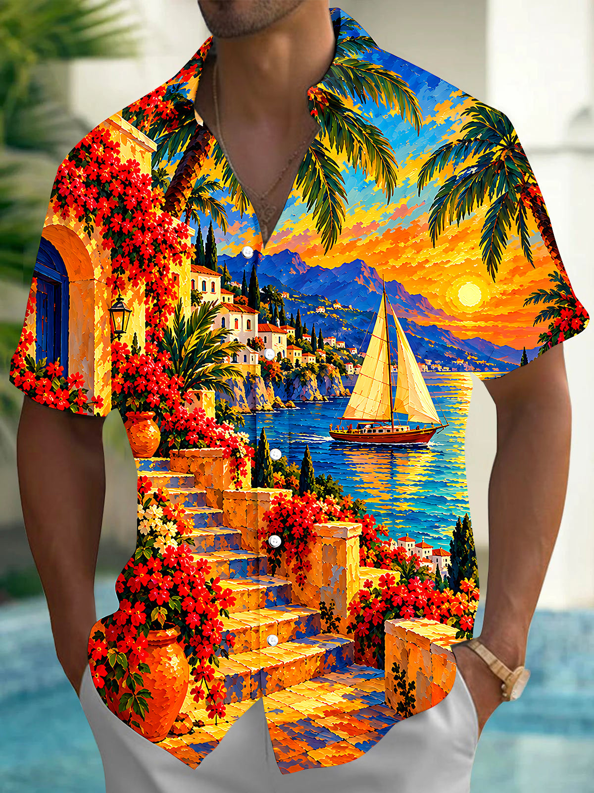 Oceanlyte Men's Short Sleeve Shirt - Coastal Sunset Sailboat And Mediterranean Architecture Print with Chest Pocket