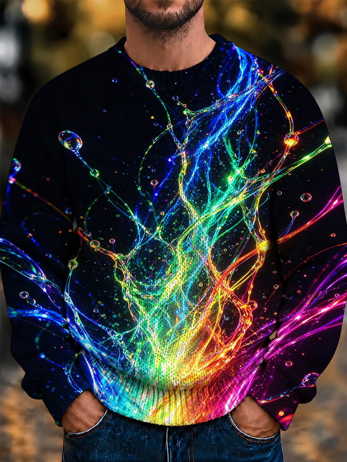 Oceanlyte Men's Long Sleeve Crew Neck Sweater - Abstract Neon Liquid Splashes And Bubbles Print