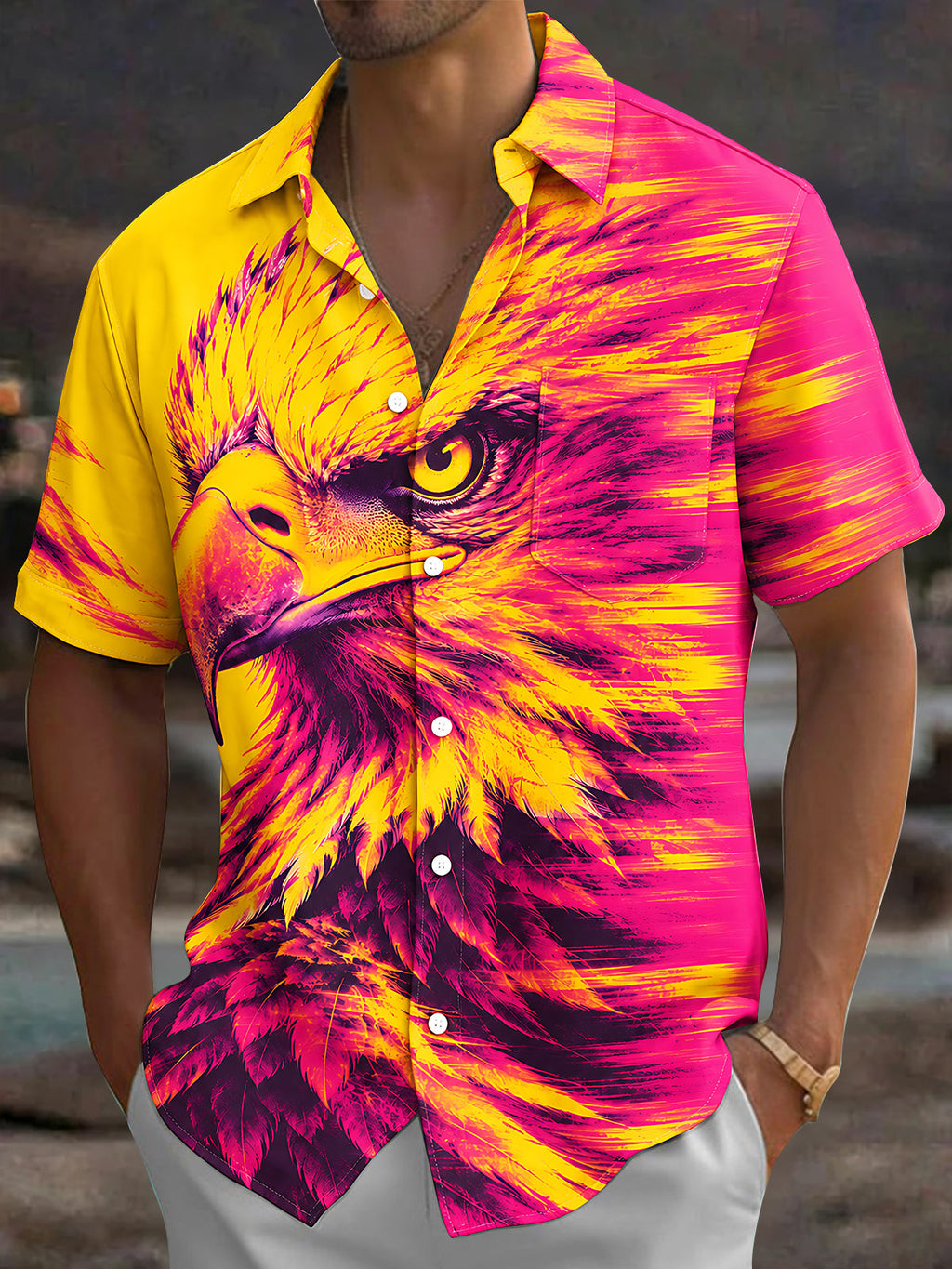 Oceanlyte Men's Hawaiian Eagle Head Print Short Sleeve Shirt with Chest Pocket