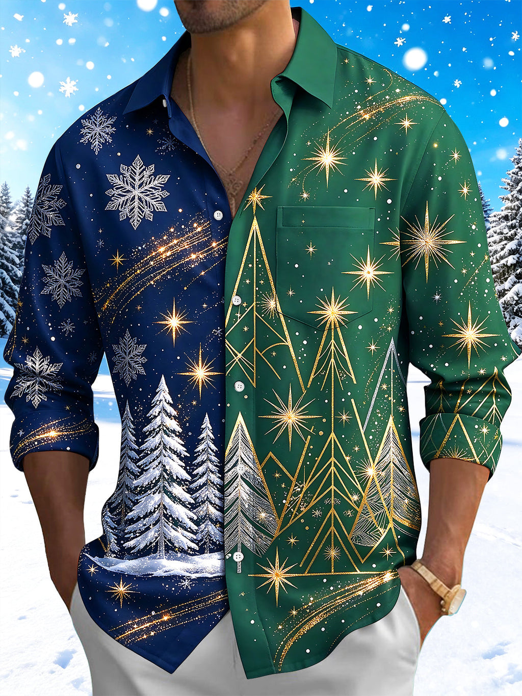 Oceanlyte Men's Long Sleeve Shirt - Color Block Christmas Trees And Golden Stars Print with Chest Pocket