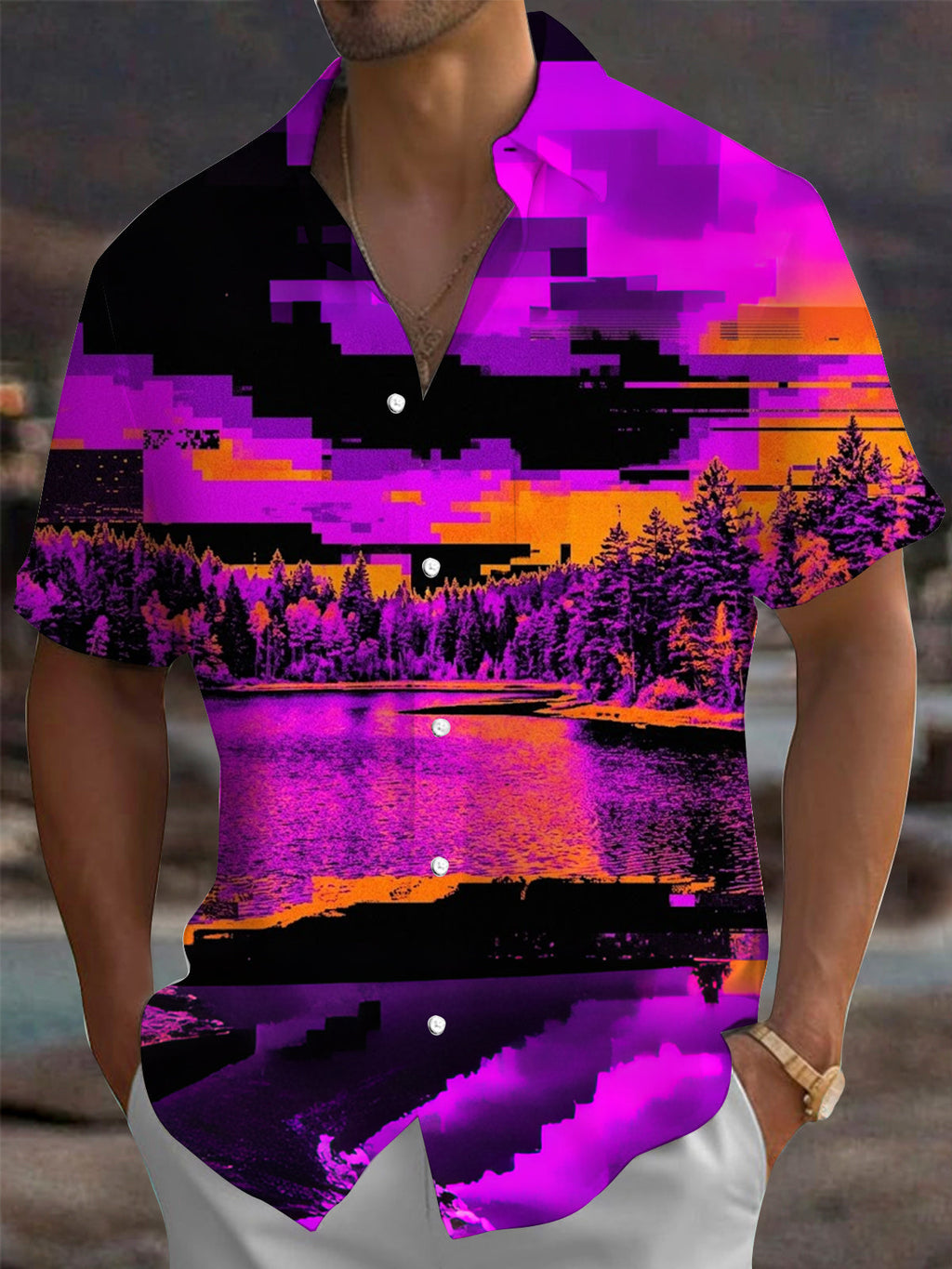 Oceanlyte Men's Retro Pixelated Forest Lake Scenery Print Short Sleeve Shirt with Chest Pocket