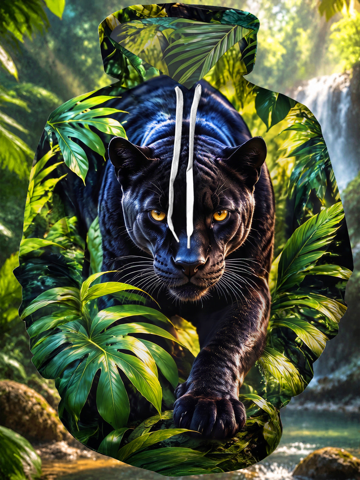Oceanlyte Men's Long Sleeve Pullover Hoodie - Black Panther In Tropical Jungle Print with Kangaroo Pocket