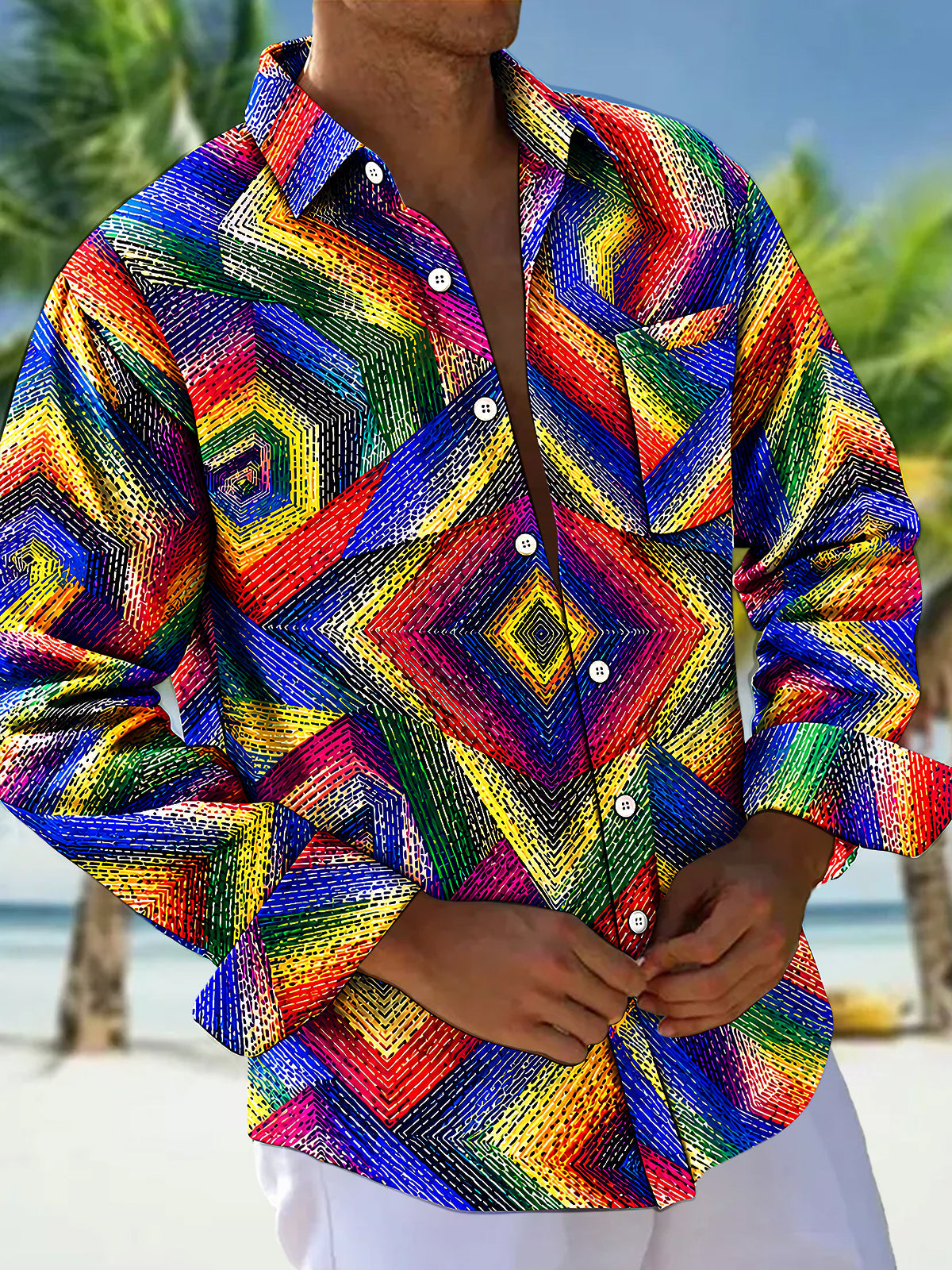 Oceanlyte Men's Patterned Colorful Geometric Spiral Pattern Long Sleeve Shirt with Chest Pocket