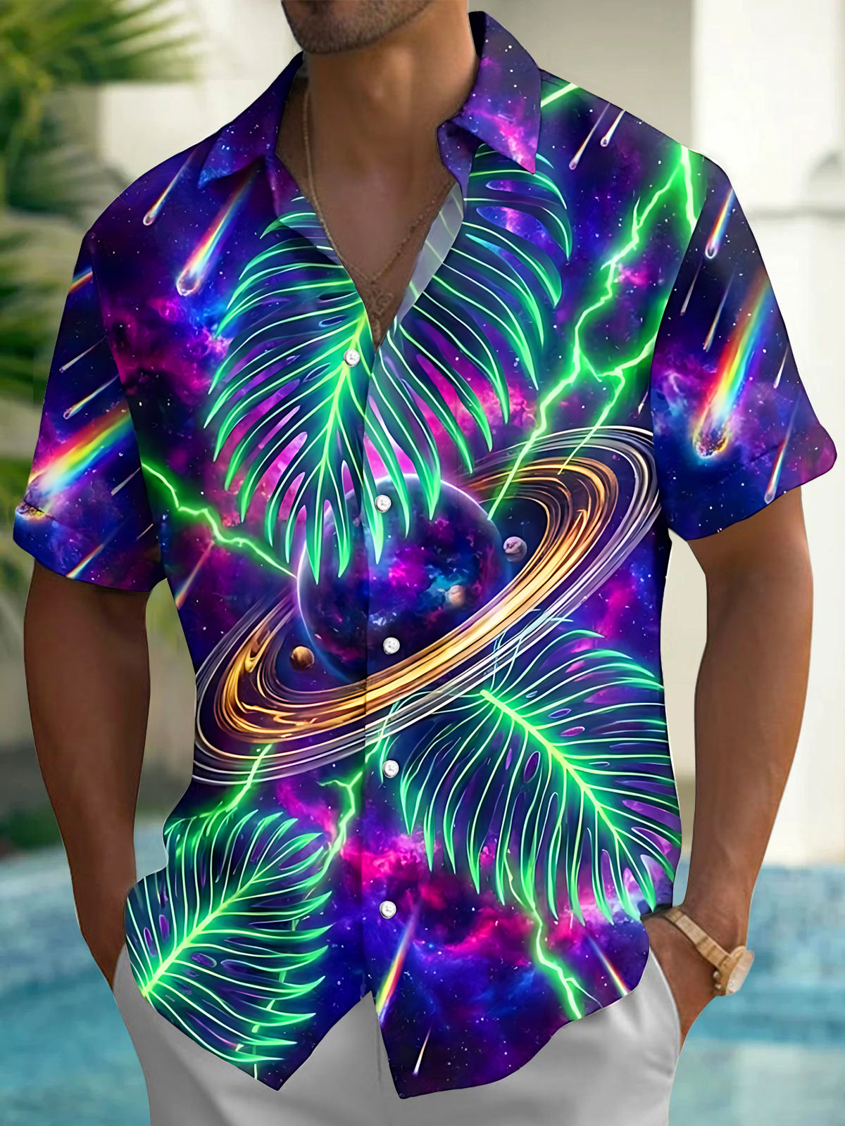 Oceanlyte Men's Neon Palm Leaves And Galaxy Planet Print Short Sleeve Shirt with Chest Pocket