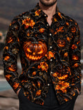 Oceanlyte Men's Long Sleeve Shirt - Halloween Jack-o-lanterns And Floral Vines Print with Chest Pocket