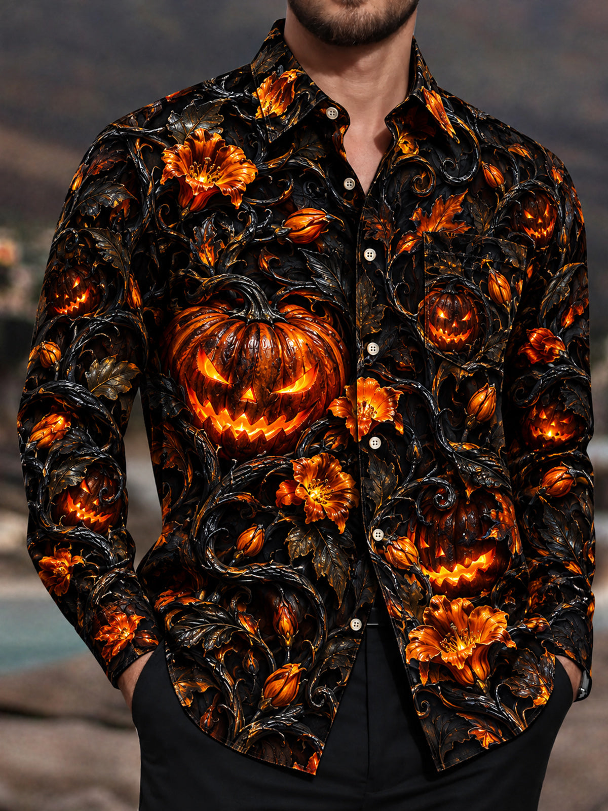 Oceanlyte Men's Long Sleeve Shirt - Halloween Jack-o-lanterns And Floral Vines Print with Chest Pocket
