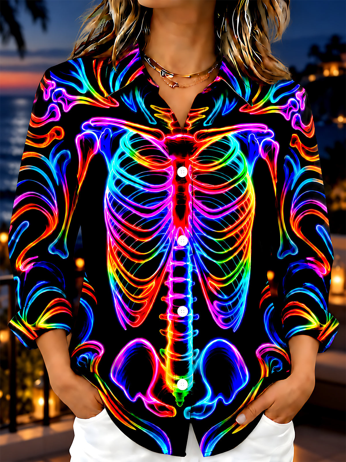 Oceanlyte Women's Graphic Neon Rainbow Skeleton Print Long Sleeve Shirt