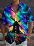 Oceanlyte Men's Windmill And Aurora Borealis Sky Print Short Sleeve Shirt with Chest Pocket