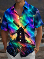 Oceanlyte Men's Windmill And Aurora Borealis Sky Print Short Sleeve Shirt with Chest Pocket